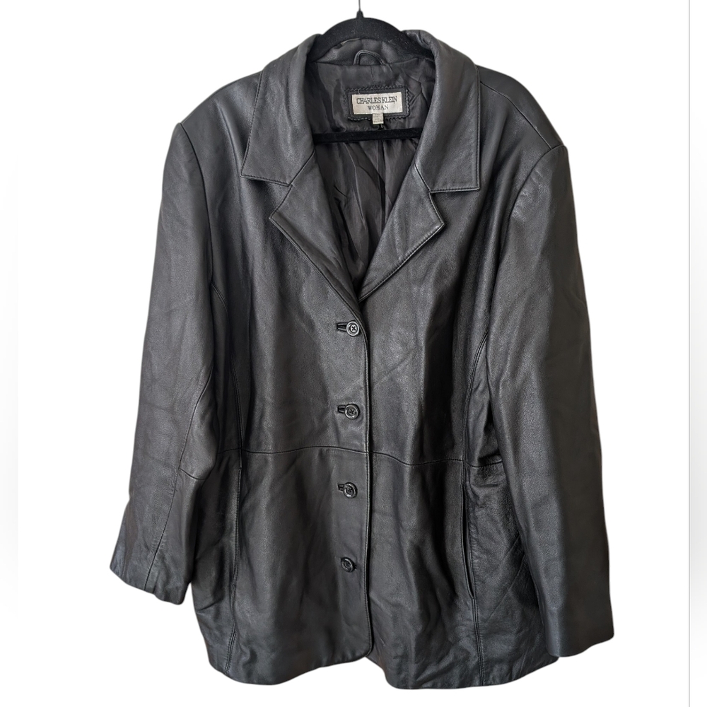 Charles Klein Black Leather Button Down Vintage Grunge Biker Emo Jacket Size 24W